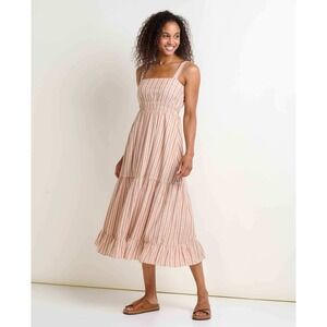 Toad & Co Taj Hemp Linen Striped Tiered Midi Dress Salt Dobby Women's Large
